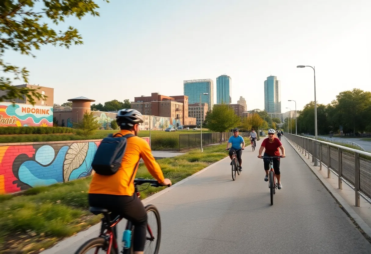 Cyclists enjoying the Atlanta BeltLine surrounded by vibrant murals and green spaces