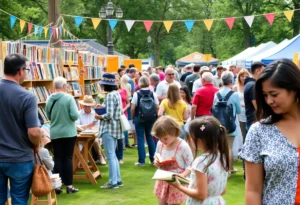 Attendees enjoying the Atlanta Book Festival with book stalls and activities.