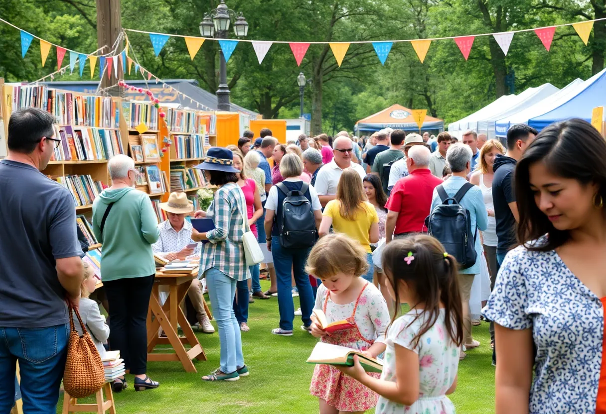 Attendees enjoying the Atlanta Book Festival with book stalls and activities.