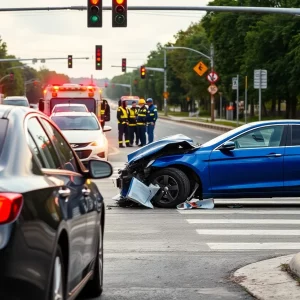 Scene of a car crash involving two vehicles at an intersection in Atlanta.