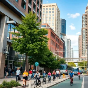 Illustration of Atlanta's urban development with bike lanes and community spaces.