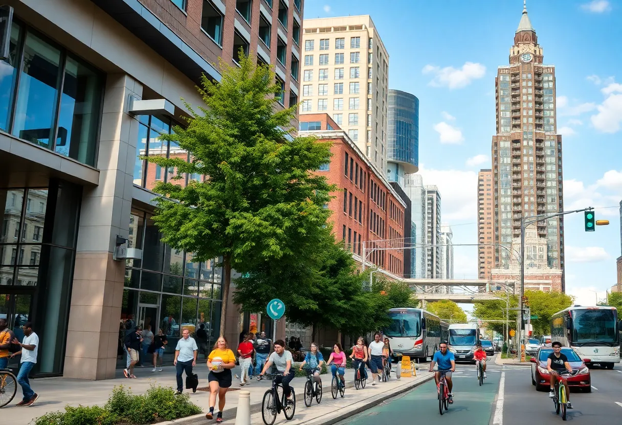Illustration of Atlanta's urban development with bike lanes and community spaces.