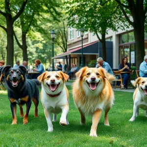 Dogs playing in Atlanta park with people at nearby cafes.