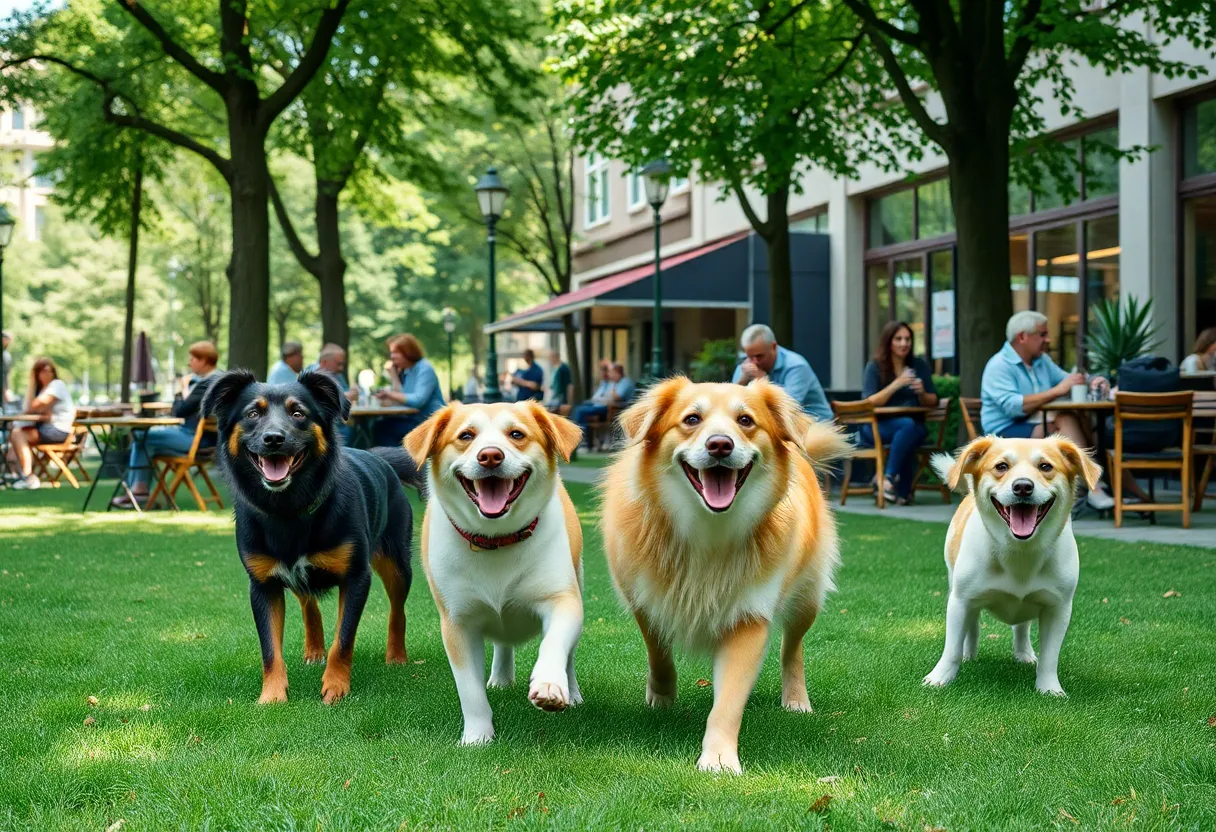 Dogs playing in Atlanta park with people at nearby cafes.