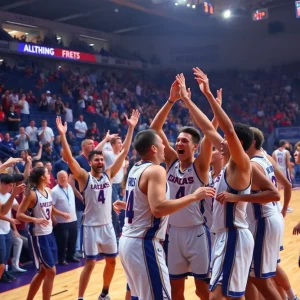 Atlanta Dream players celebrating on the basketball court after a game.