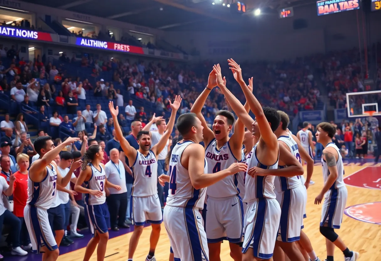 Atlanta Dream players celebrating on the basketball court after a game.