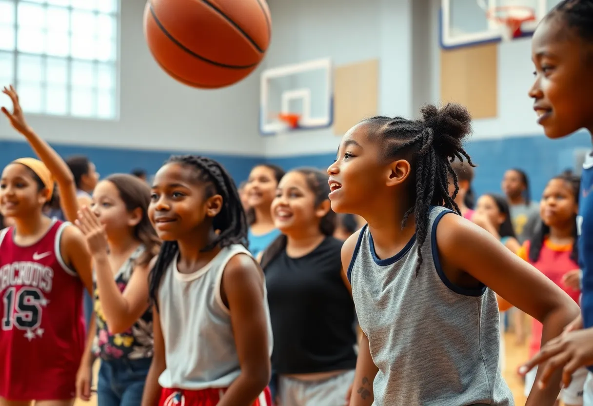 Event highlighting the partnership between Atlanta Dream and Georgia Power with young girls participating.
