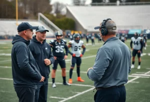 Atlanta Falcons coaching staff discussing strategies on the field