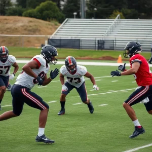 Atlanta Falcons players practicing on the field