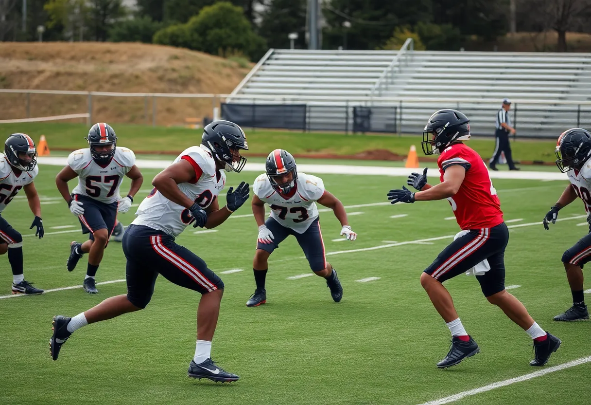 Atlanta Falcons players practicing on the field