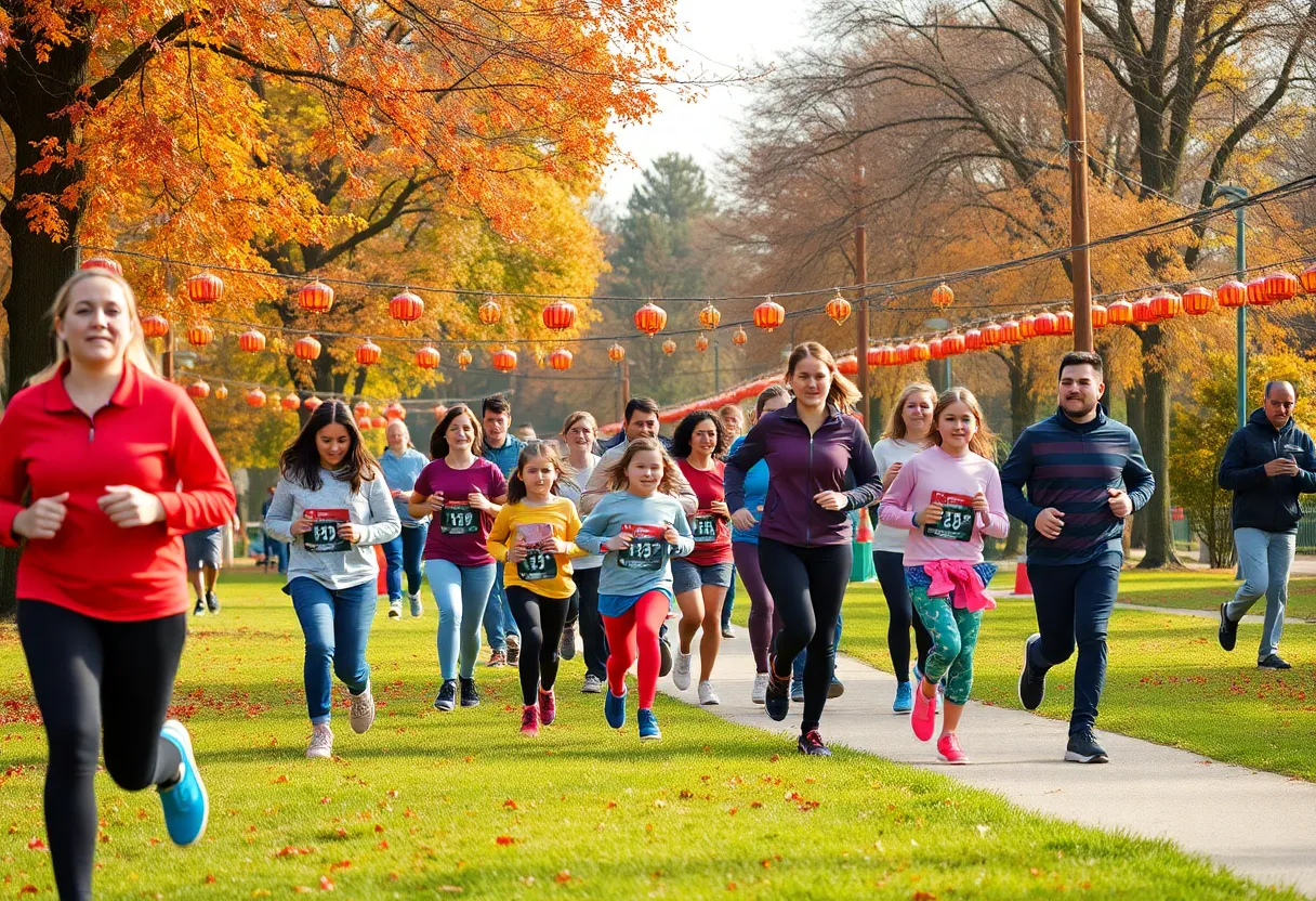 Families enjoying a 5K run in Atlanta during the fall season.