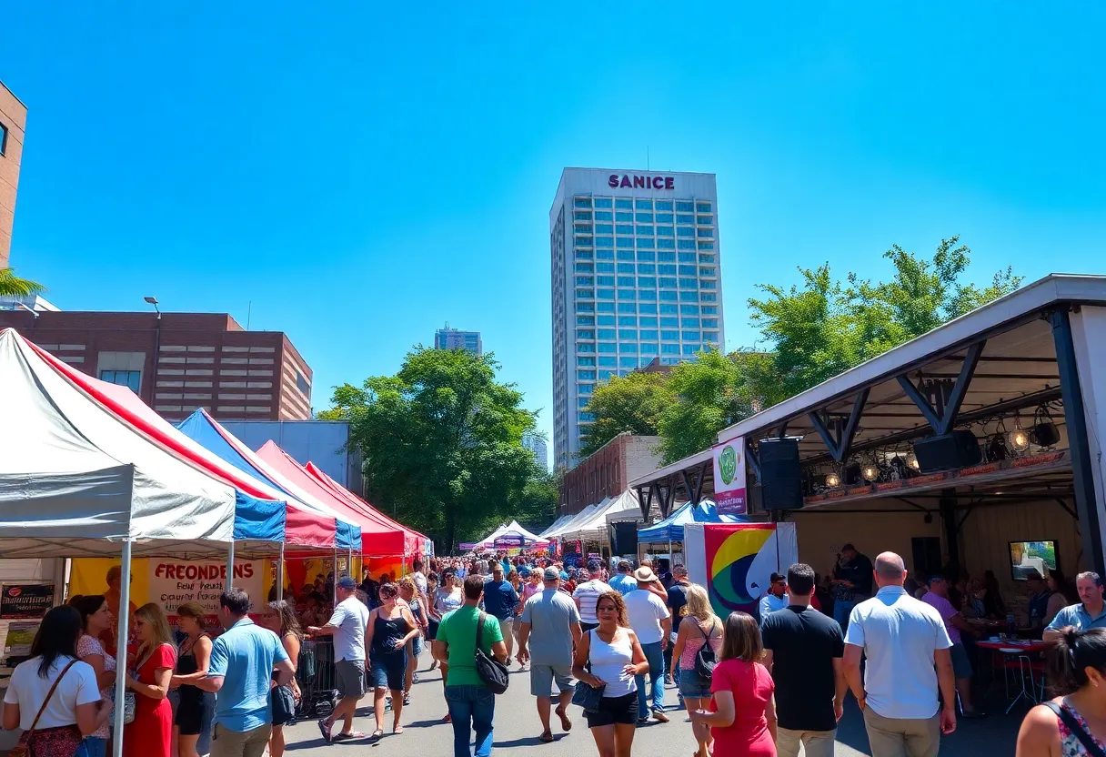 A bustling festival scene in Atlanta with colorful tents and happy festival-goers.