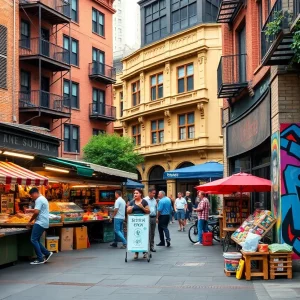 A bustling scene of food stalls and street art in Atlanta