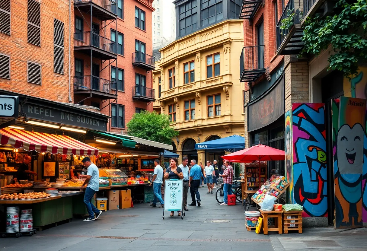 A bustling scene of food stalls and street art in Atlanta