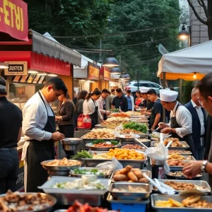A bustling scene from the Atlanta Food & Wine Festival with chefs cooking and attendees sampling dishes.
