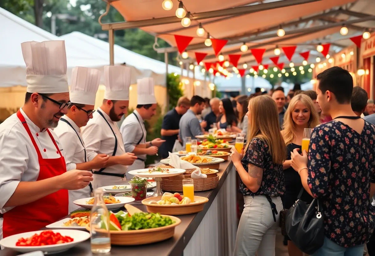 A bustling outdoor food festival with tasting tents and guests enjoying culinary delights