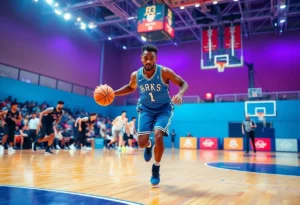 Action shot of a basketball game with players in motion