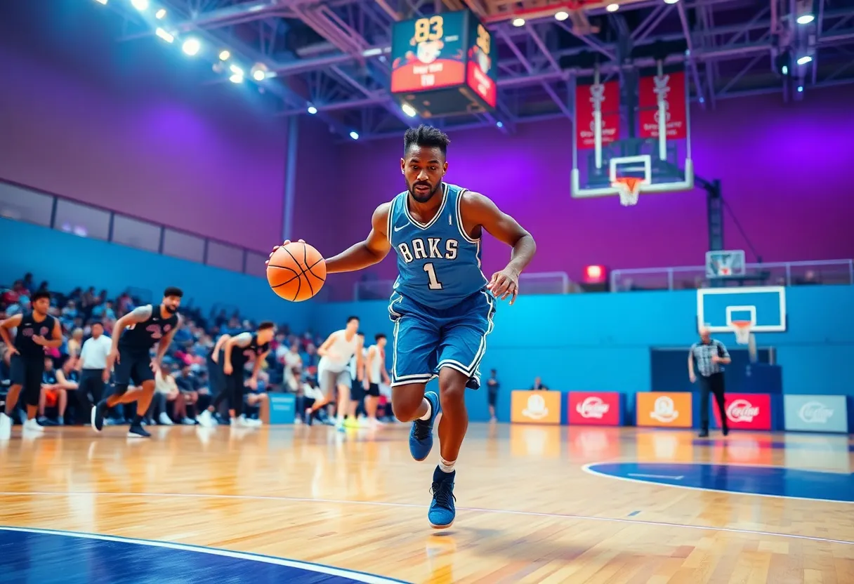 Action shot of a basketball game with players in motion