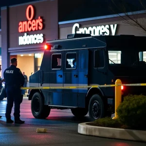 Law enforcement investigating outside a Kroger supermarket in Atlanta after a shooting incident.