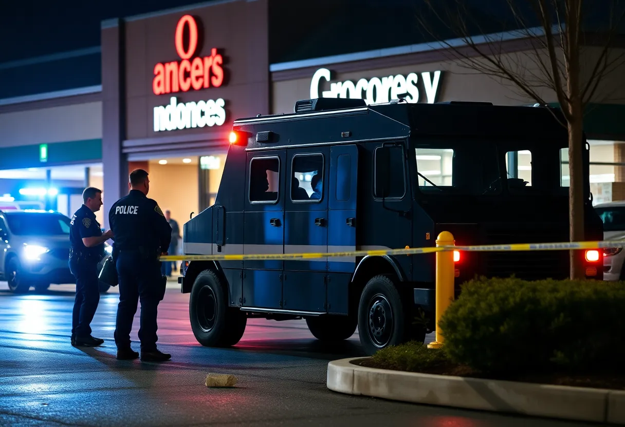 Law enforcement investigating outside a Kroger supermarket in Atlanta after a shooting incident.