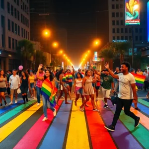 Rainbow crosswalk in Atlanta with people enjoying the nightlife