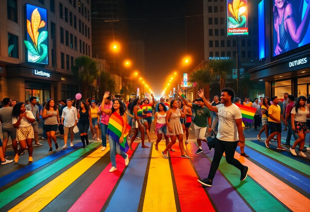 Rainbow crosswalk in Atlanta with people enjoying the nightlife