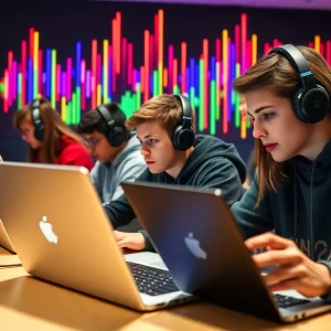 High school students participating in a music remix competition using technology.