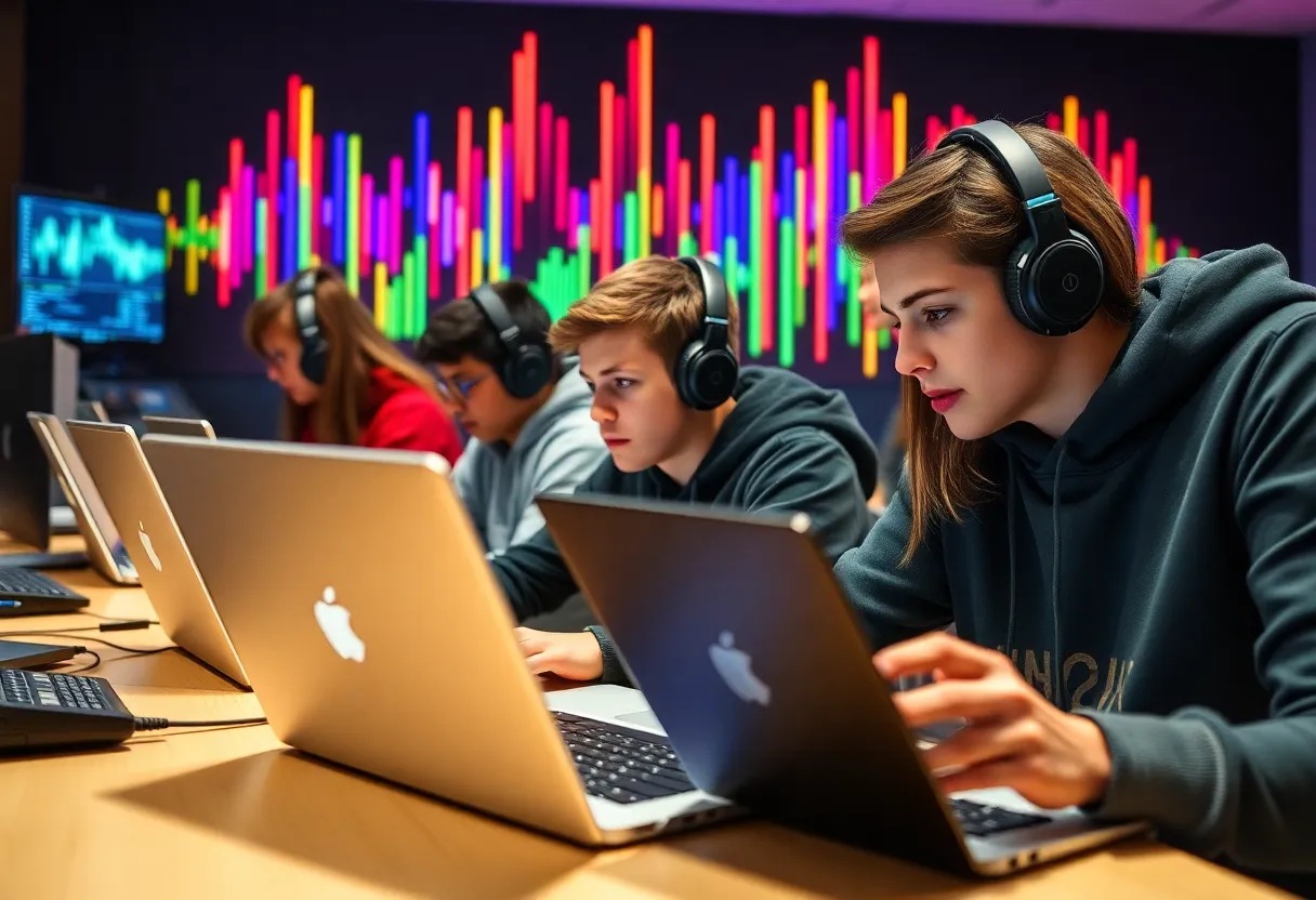 High school students participating in a music remix competition using technology.