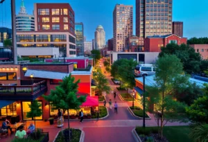 A lively street scene in Atlanta showcasing various neighborhoods popular with young professionals.