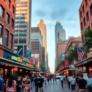 A lively street in Atlanta at night with people dining and enjoying entertainment.