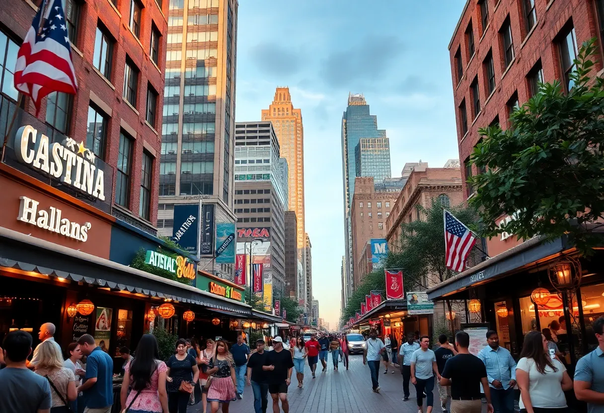 A lively street in Atlanta at night with people dining and enjoying entertainment.