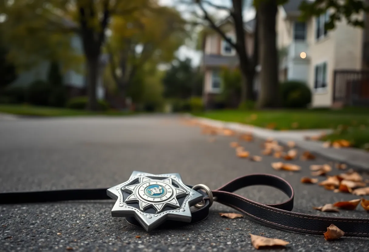 Police badge and empty dog leash representing animal cruelty case