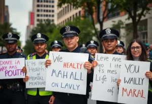 Police officers holding supportive signs during a suicide prevention initiative in Atlanta