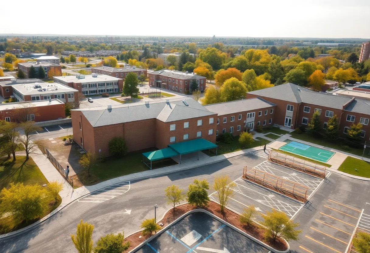 Empty school playgrounds and buildings in Atlanta