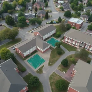 Aerial view of school buildings with empty playgrounds