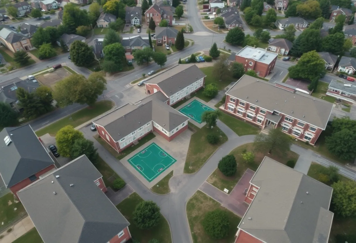 Aerial view of school buildings with empty playgrounds