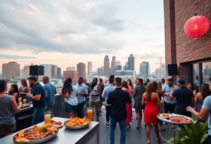 People enjoying a rooftop party in Atlanta with DJs and food