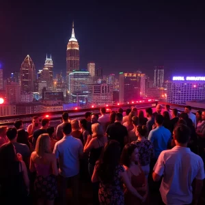 A vibrant rooftop party scene in Atlanta with people dancing and enjoying the view.