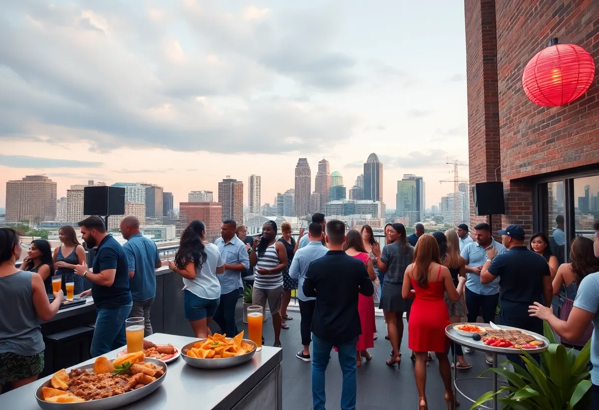 People enjoying a rooftop party in Atlanta with DJs and food