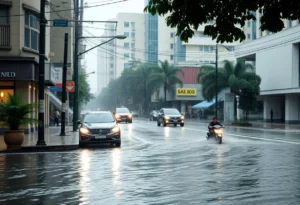 Flash flooding on a street in Atlanta due to severe weather conditions.