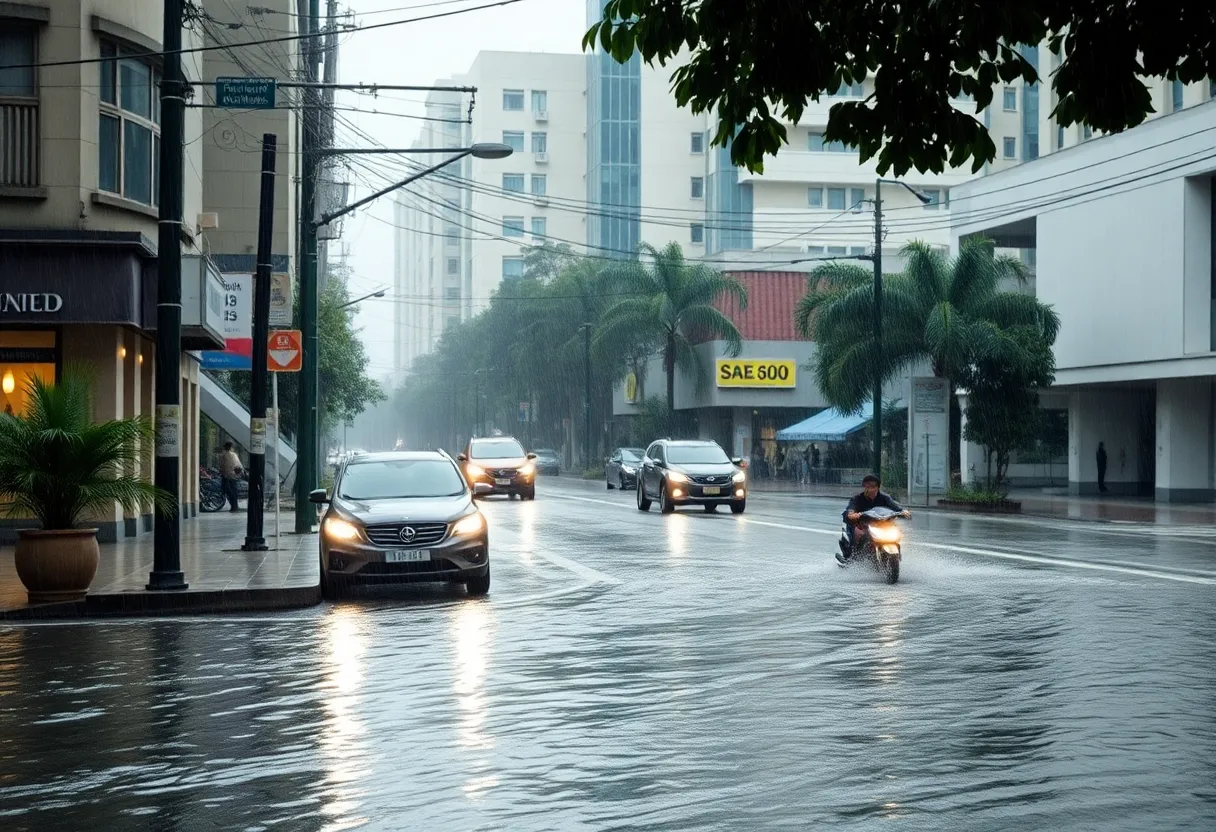 Flash flooding on a street in Atlanta due to severe weather conditions.