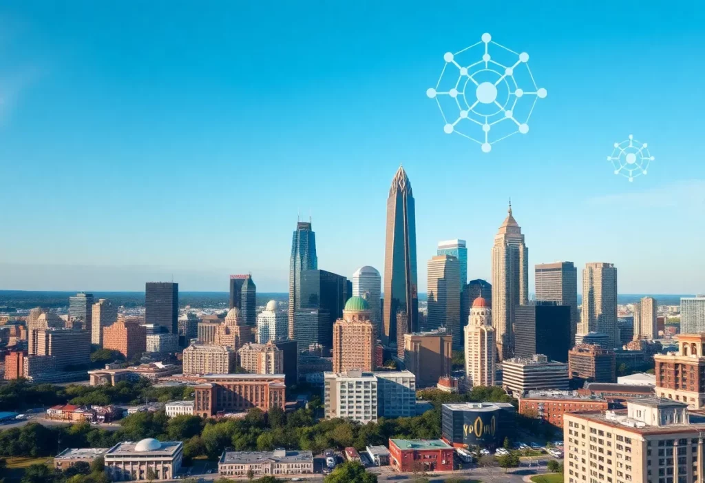 City skyline of Atlanta with technology motifs