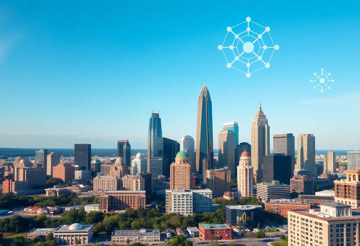City skyline of Atlanta with technology motifs