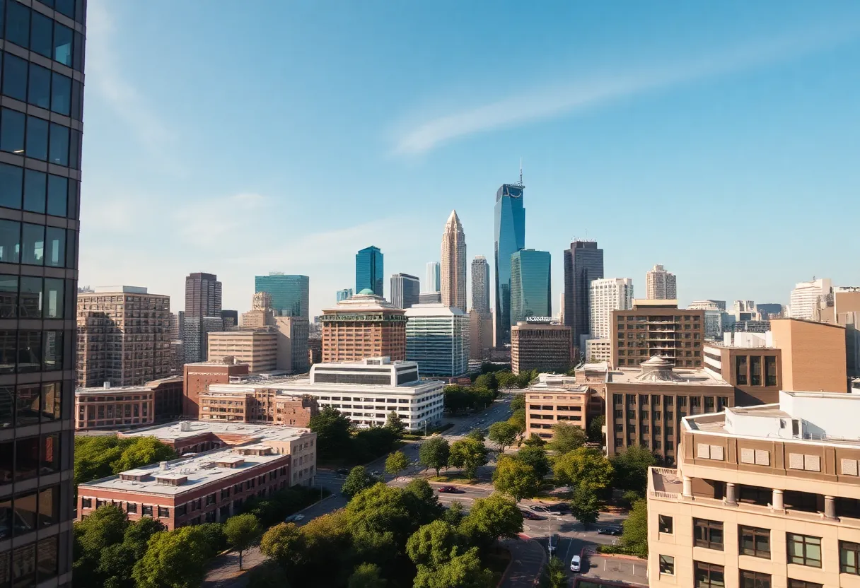 View of Atlanta skyline with modern buildings and green spaces