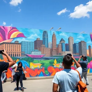 A vibrant mural of the Atlanta skyline with people enjoying the street art.