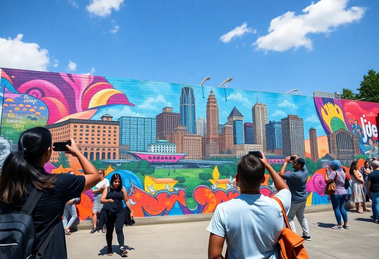 A vibrant mural of the Atlanta skyline with people enjoying the street art.