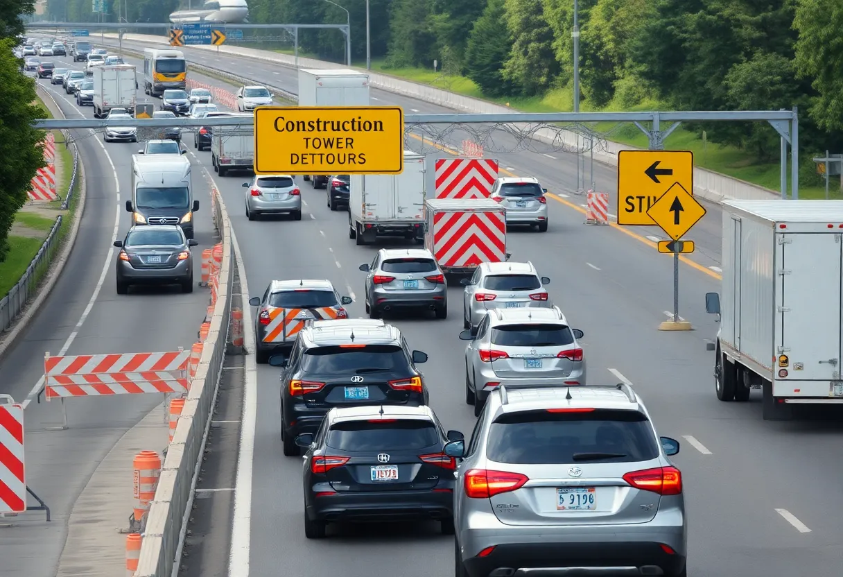 Traffic congestion on a downtown Atlanta highway during roadwork