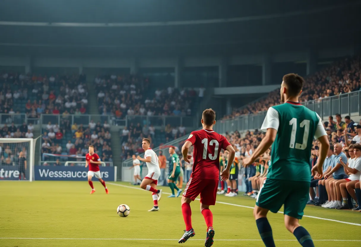 A scene from a soccer match at Mecklenburg County Sportsplex with fans cheering.