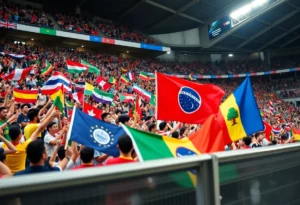 Fans celebrating Latin Heritage Night at Atlanta United match.