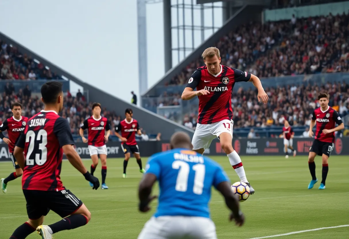 Atlanta United players competing against New England Revolution during a soccer match.